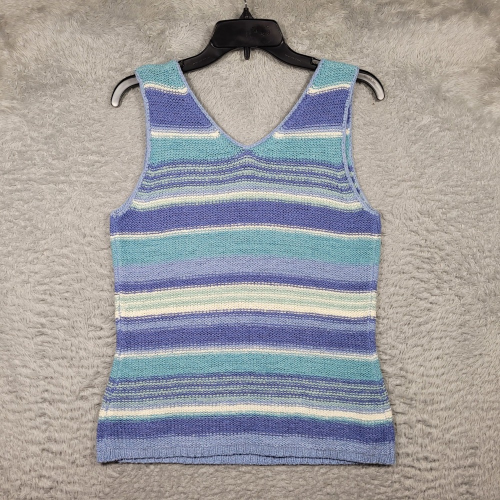 Carolyn Taylor Striped Crochet Tank Top‎ Womens Medium Blue Sleeveless Beaded - Picture 4 of 8
